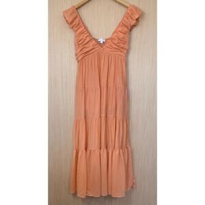 Mable Babydoll Tiered Maxi Dress Womens Medium Pockets Smocked Peach Cottage